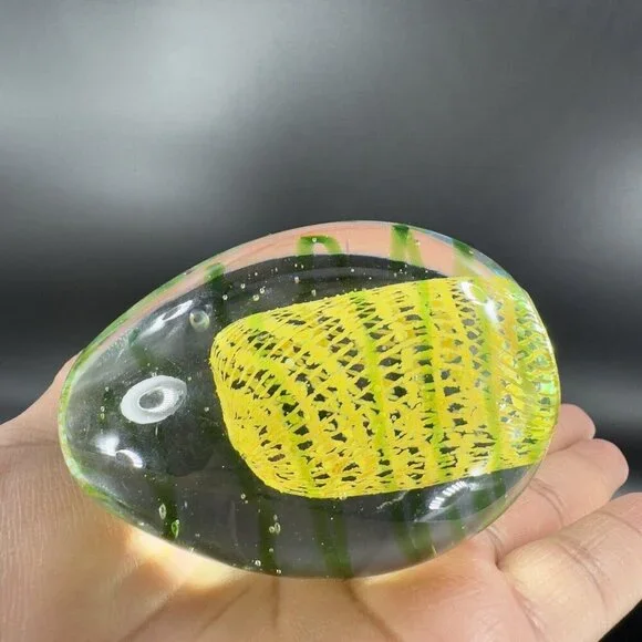 Art Glass Paperweight With Yellow Green Swirls All Over Egg Shaped Paperweight - Picture 14 of 16